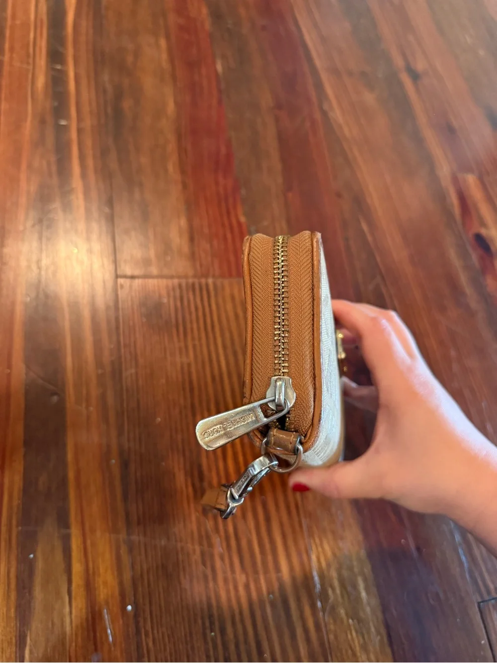 Michael Kors Tan Beige MK Logo Wristlet Wallet with Gold Plate